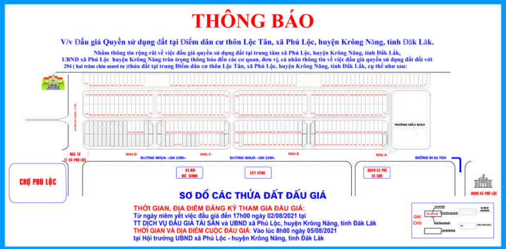 Đấu giá quyền sử dụng đất đối với  294 thửa đất tại trung tâm xã Phú Lộc, huyện Krông Năng.